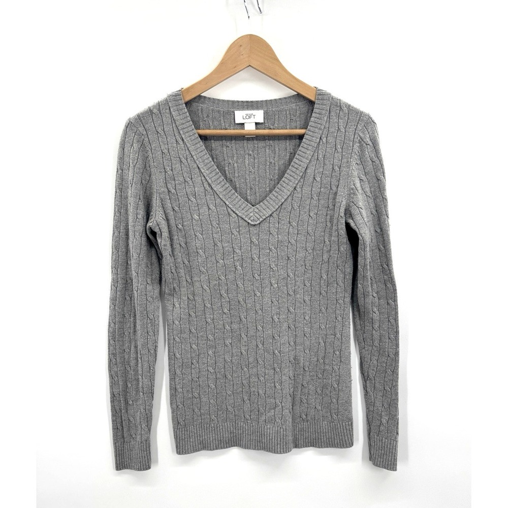 VTG Y2K Women Small Gray Sweater Cable Knit V-Neck Angora Fisherman Retro Preppy